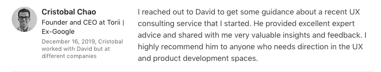 Cristobal LinkedIn testimonial for David Yarde