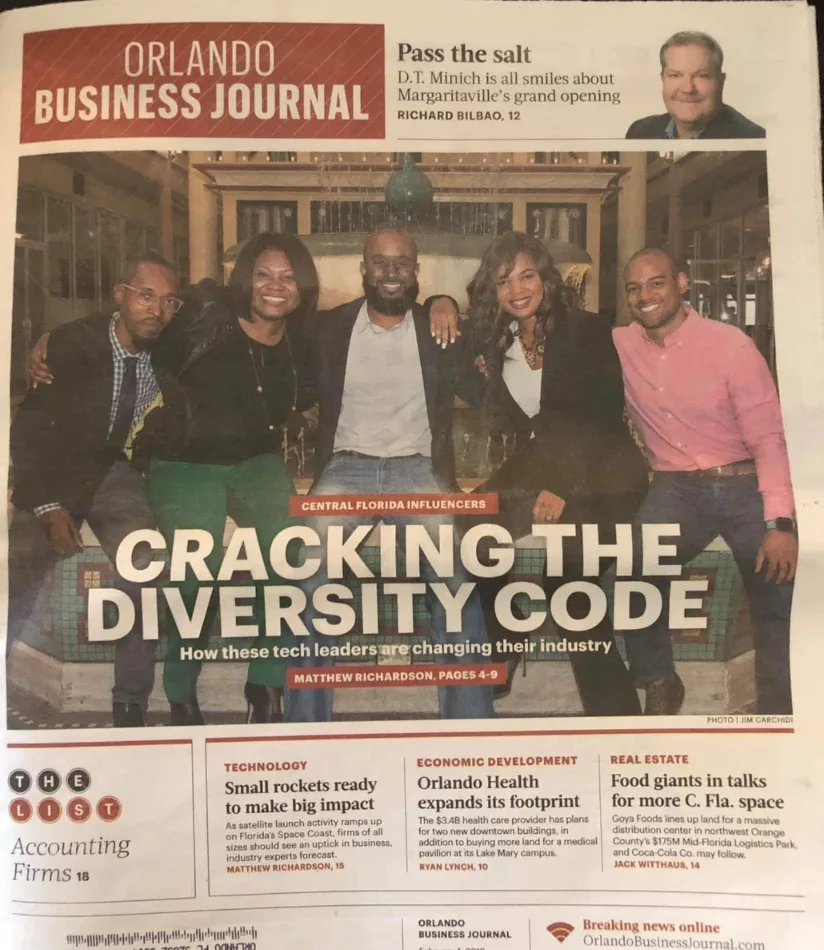 Orlando Business Journal cover, Central Florida Influencers: Cracking the Diversity Code, with David Yarde (far left)